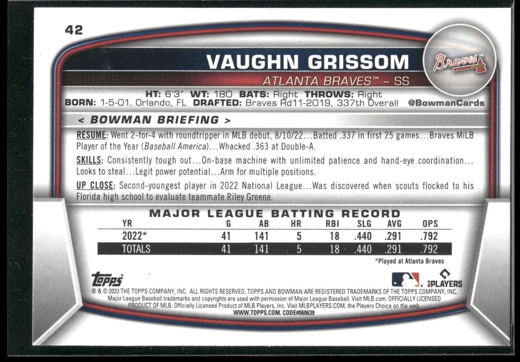 2023 Bowman #42 Vaughn Grissom