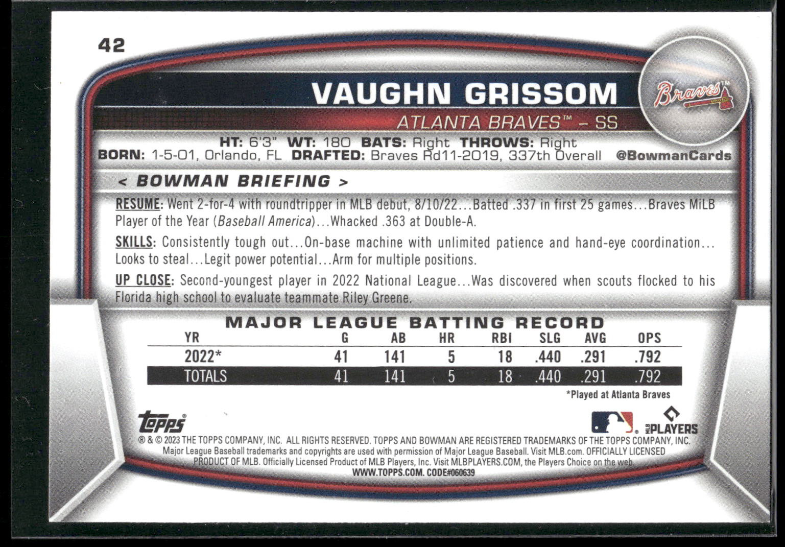 2023 Bowman #42 Vaughn Grissom