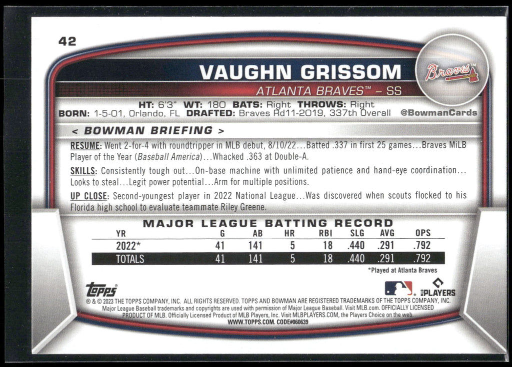 2023 Bowman #42 Vaughn Grissom