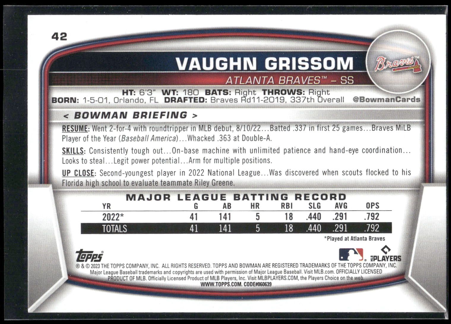 2023 Bowman #42 Vaughn Grissom