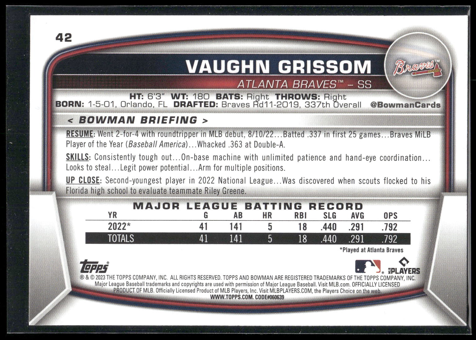 2023 Bowman #42 Vaughn Grissom