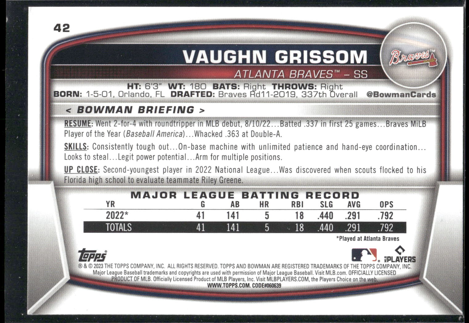 2023 Bowman #42 Vaughn Grissom
