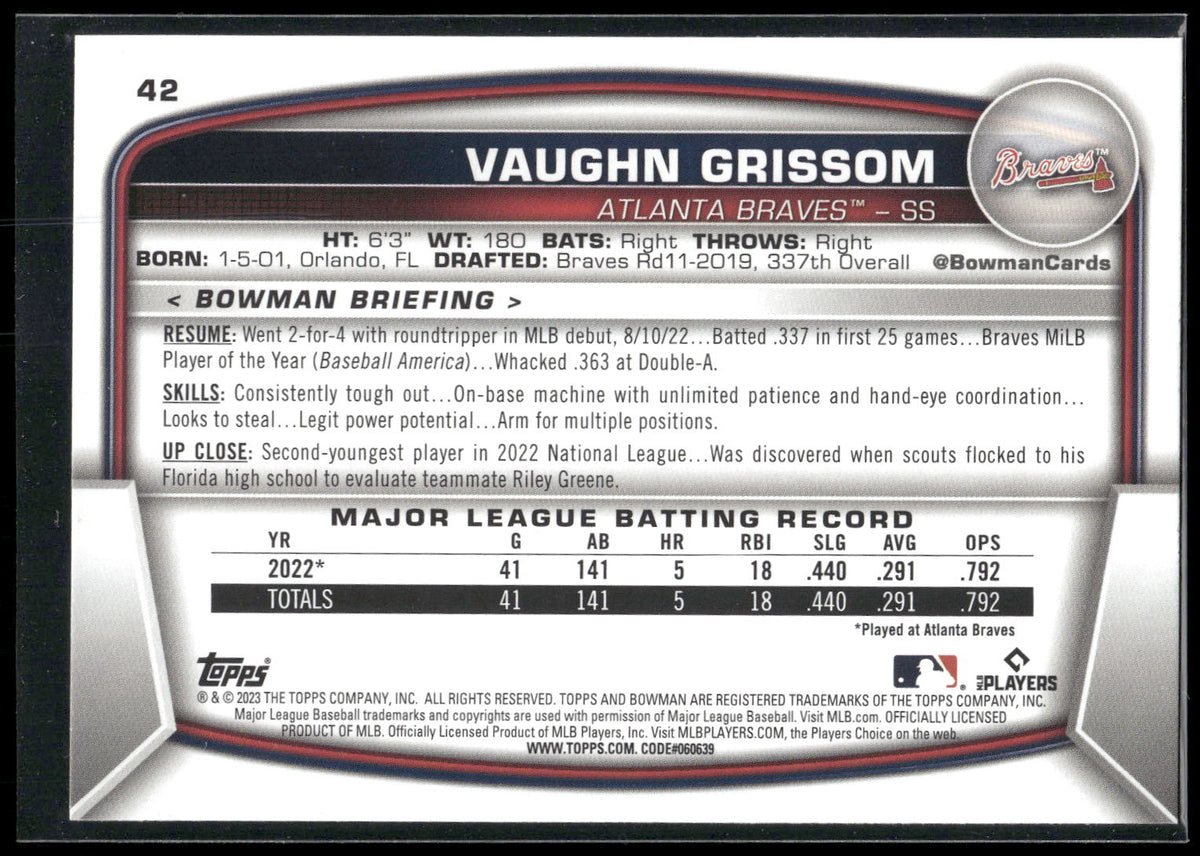 2023 Bowman #42 Vaughn Grissom
