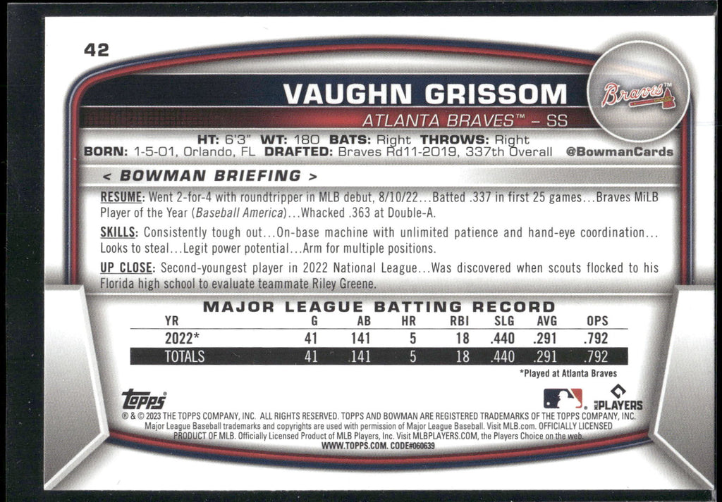 2023 Bowman #42 Vaughn Grissom
