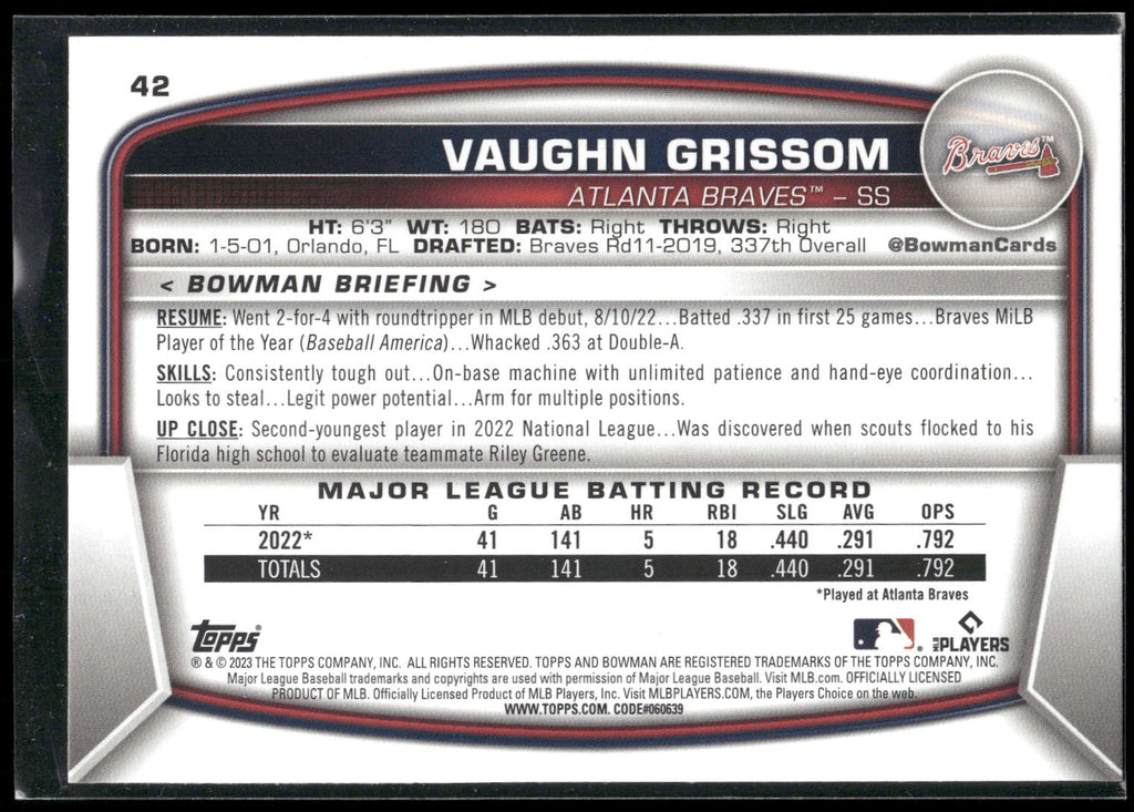 2023 Bowman #42 Vaughn Grissom
