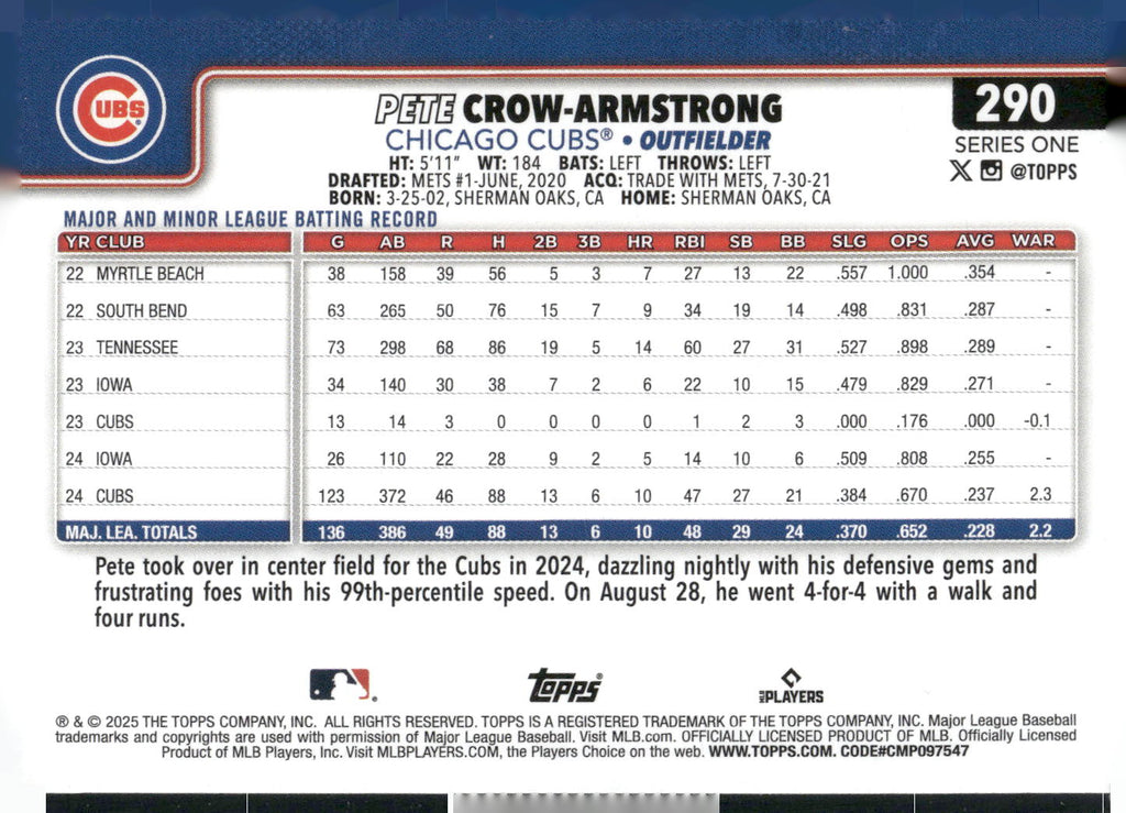 2025 Topps #290 Pete Crow-Armstrong