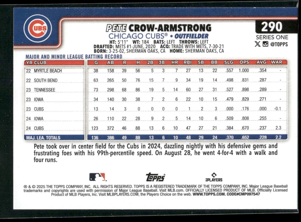 2025 Topps #290 Pete Crow-Armstrong