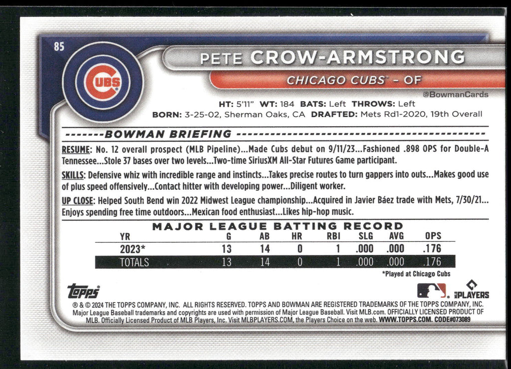 2024 Bowman #85 Pete Crow-Armstrong