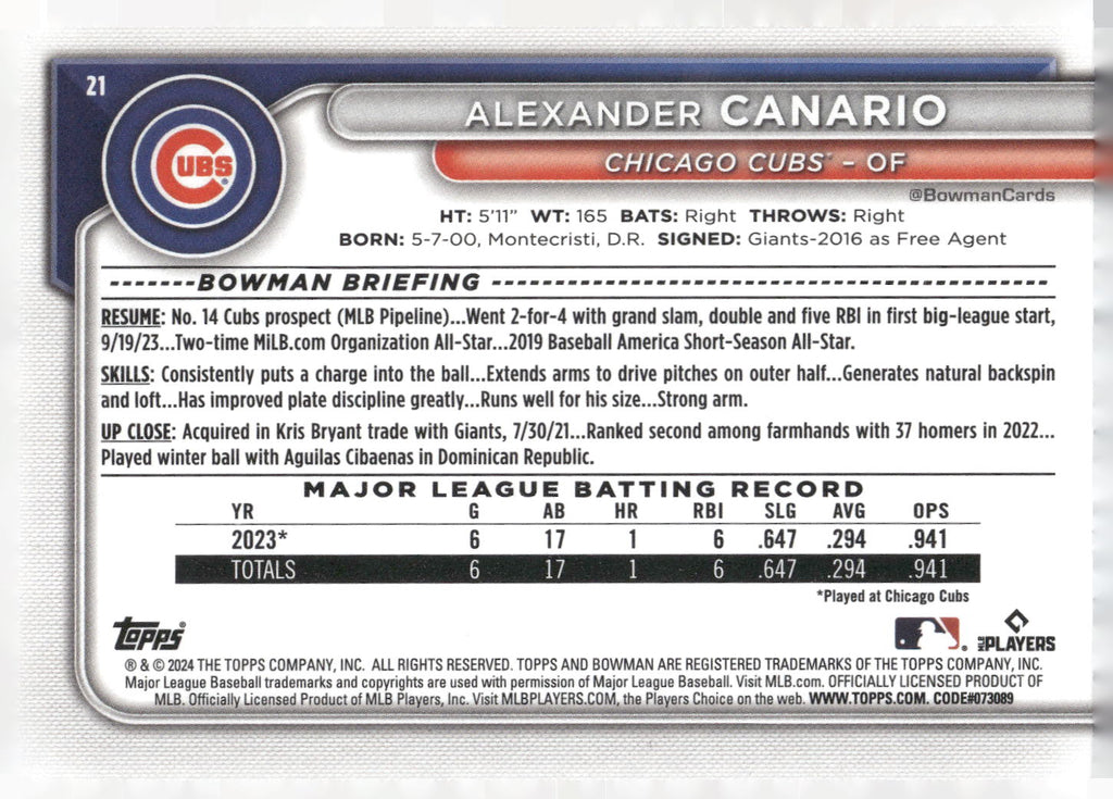 2024 Bowman #21 Alexander Canario