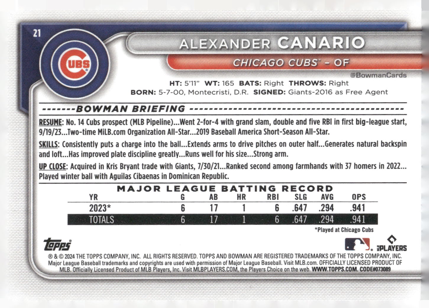 2024 Bowman #21 Alexander Canario