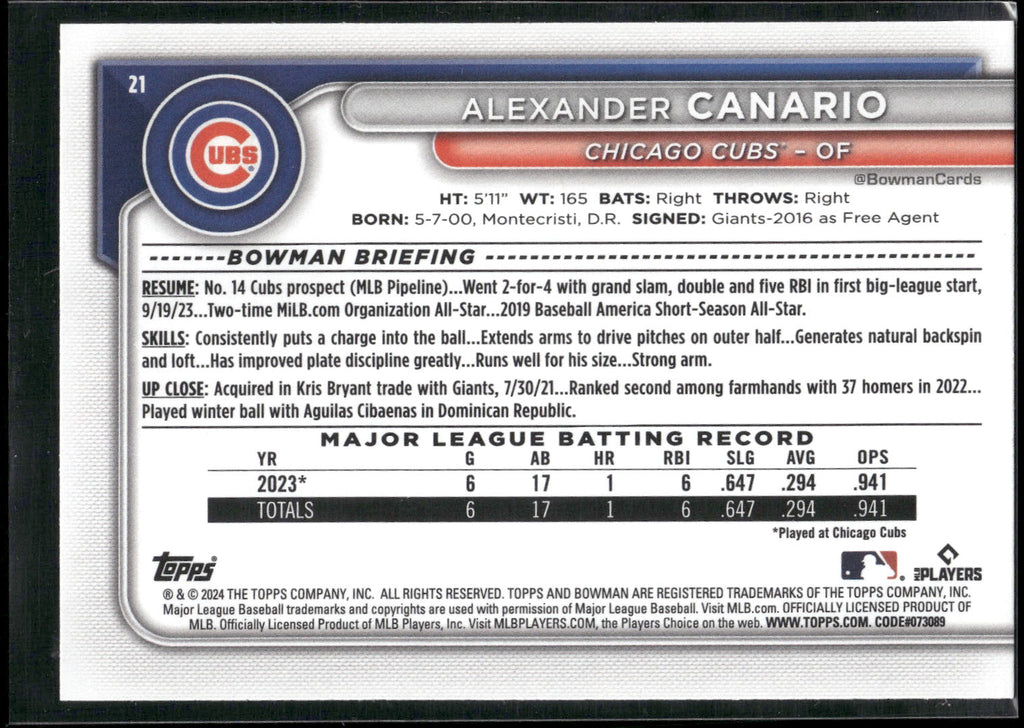 2024 Bowman #21 Alexander Canario