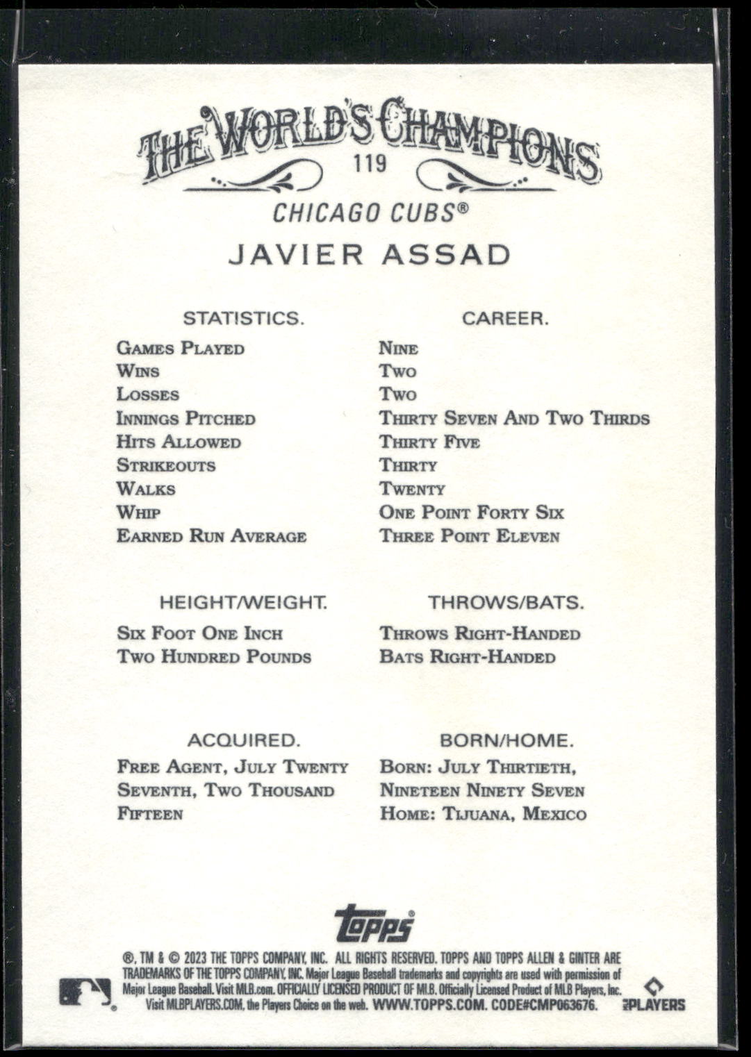 2023 Topps Allen & Ginter #119 Javier Assad