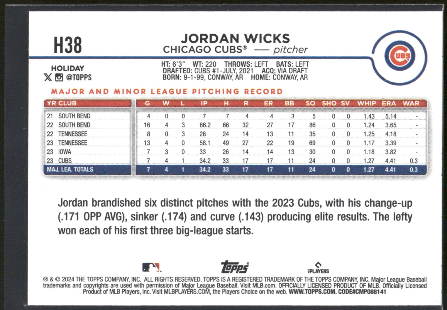 2024 Topps Holiday #H38 Jordan Wicks