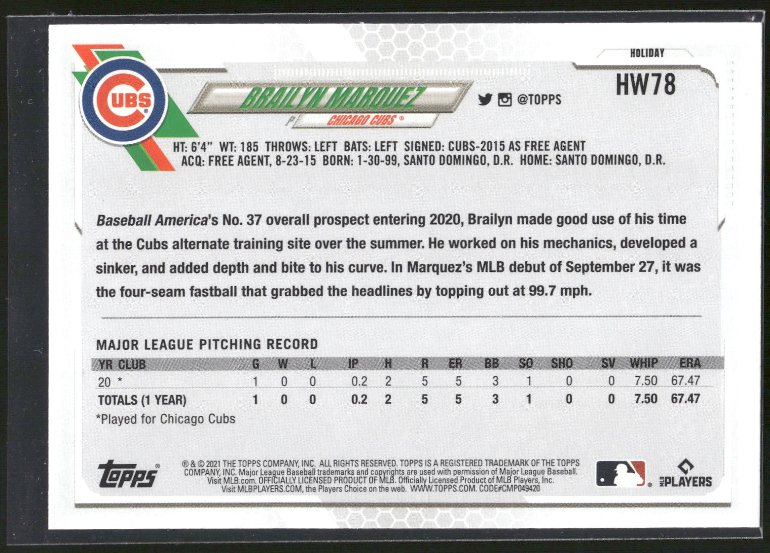 2021 Topps Holiday #HW78 Brailyn Marquez