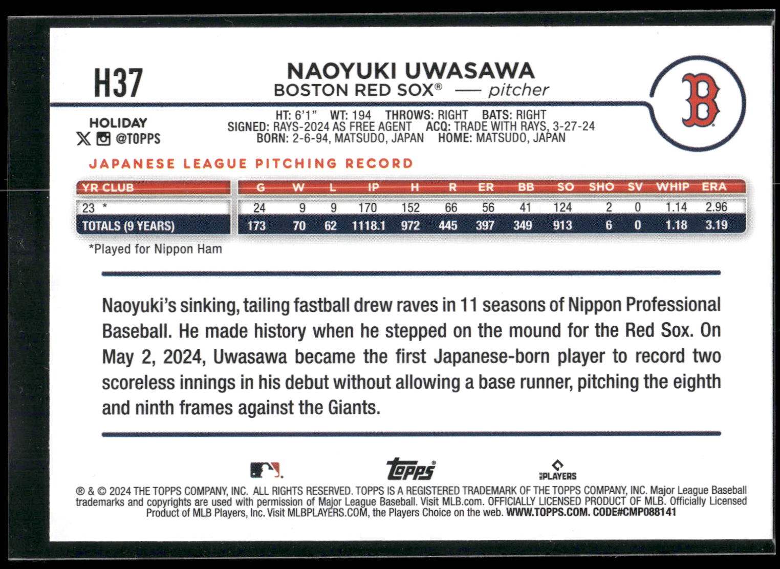 2024 Topps Holiday #H37 Naoyuki Uwasawa