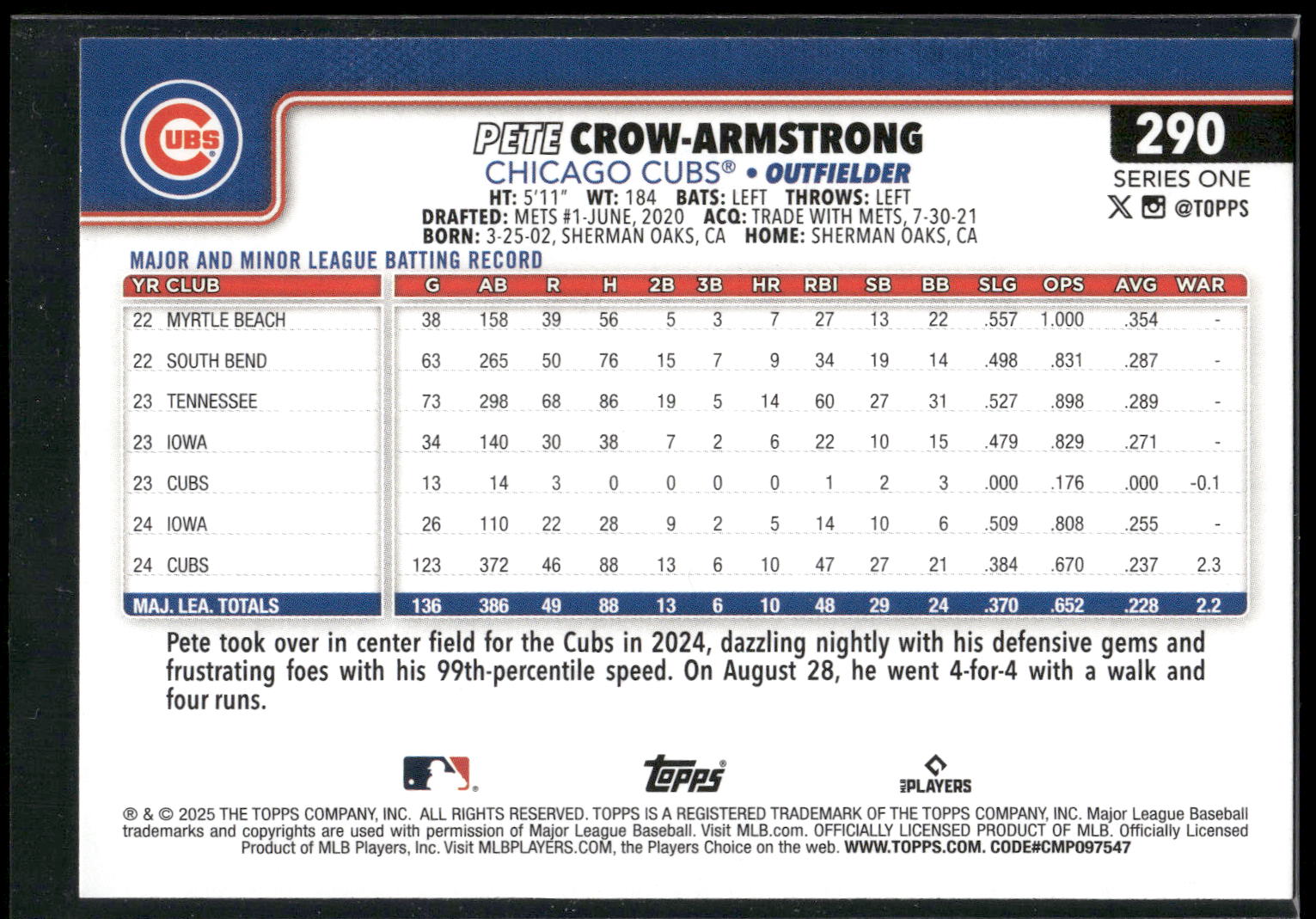2025 Topps #290 Pete Crow-Armstrong