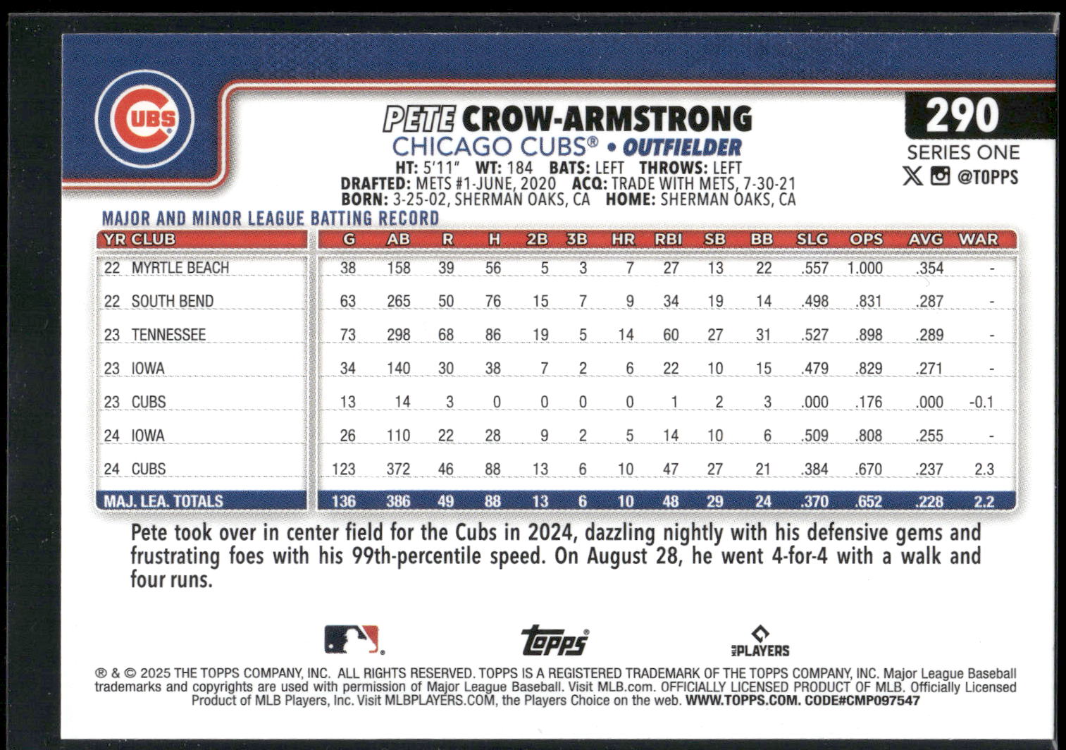 2025 Topps #290 Pete Crow-Armstrong
