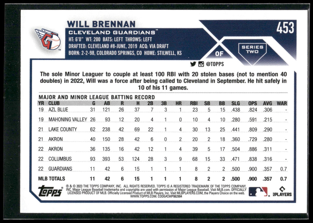 2023 Topps #453 Will Brennan 582 Montgomery Club