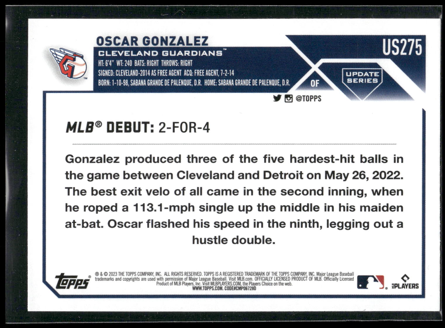 2023 Topps Update #US275 Oscar Gonzalez