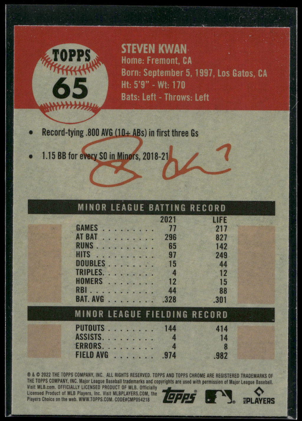 2022 Topps Chrome Platinum Anniversary #65 Steven Kwan