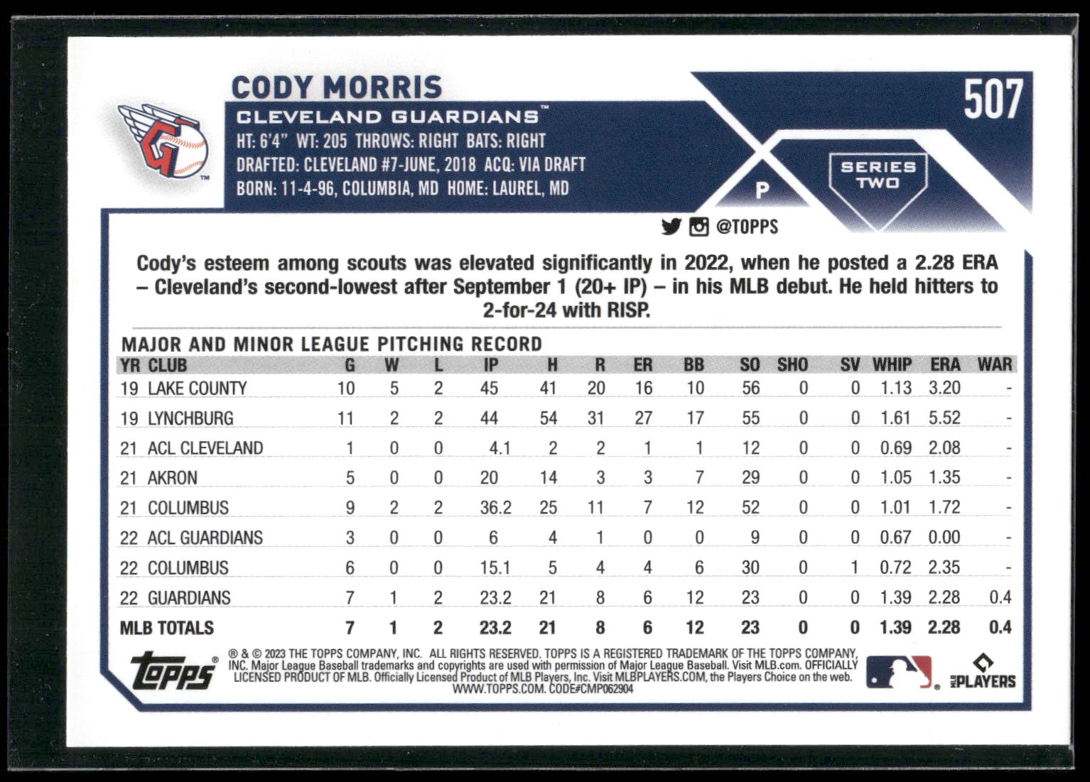 2023 Topps #507 Cody Morris Gold #/2023