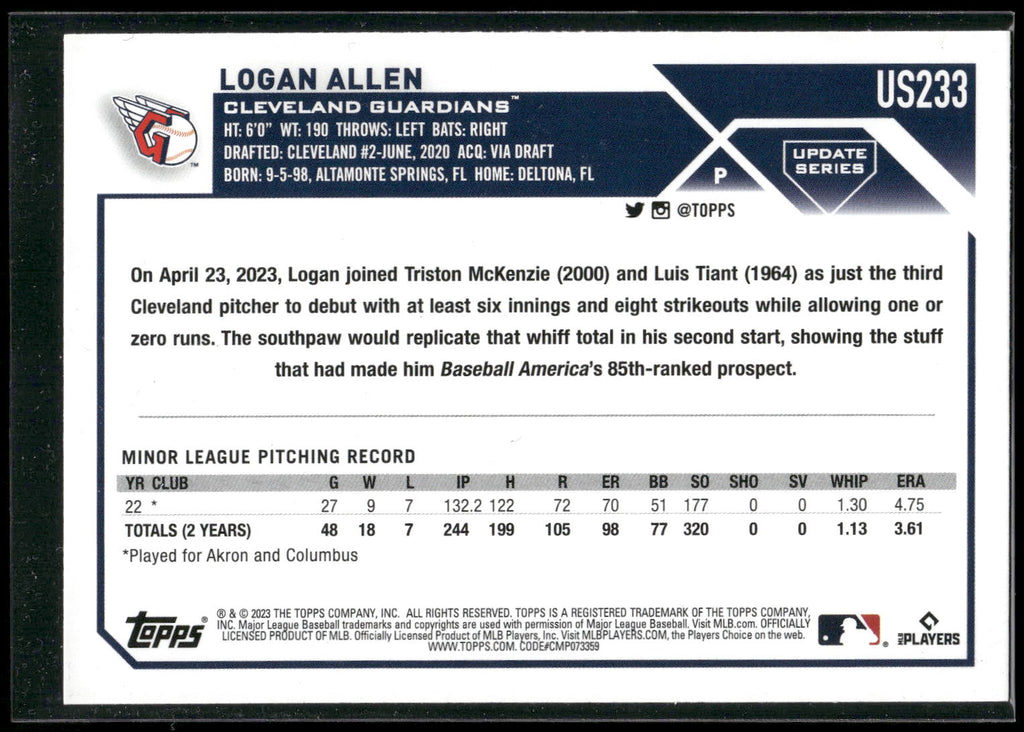 2023 Topps Update #US233 Logan Allen Orange and Black Foil