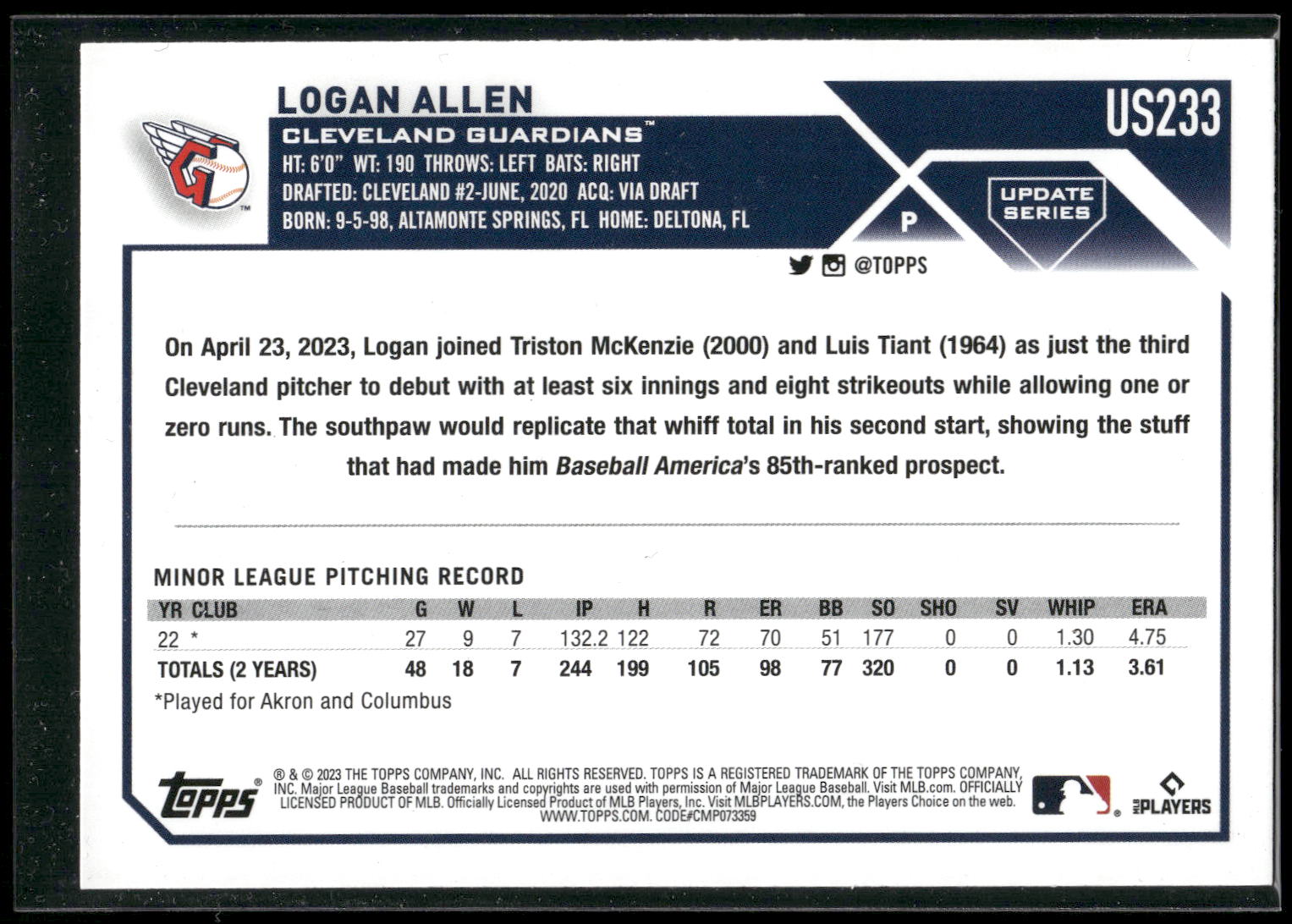 2023 Topps Update #US233 Logan Allen Orange and Black Foil