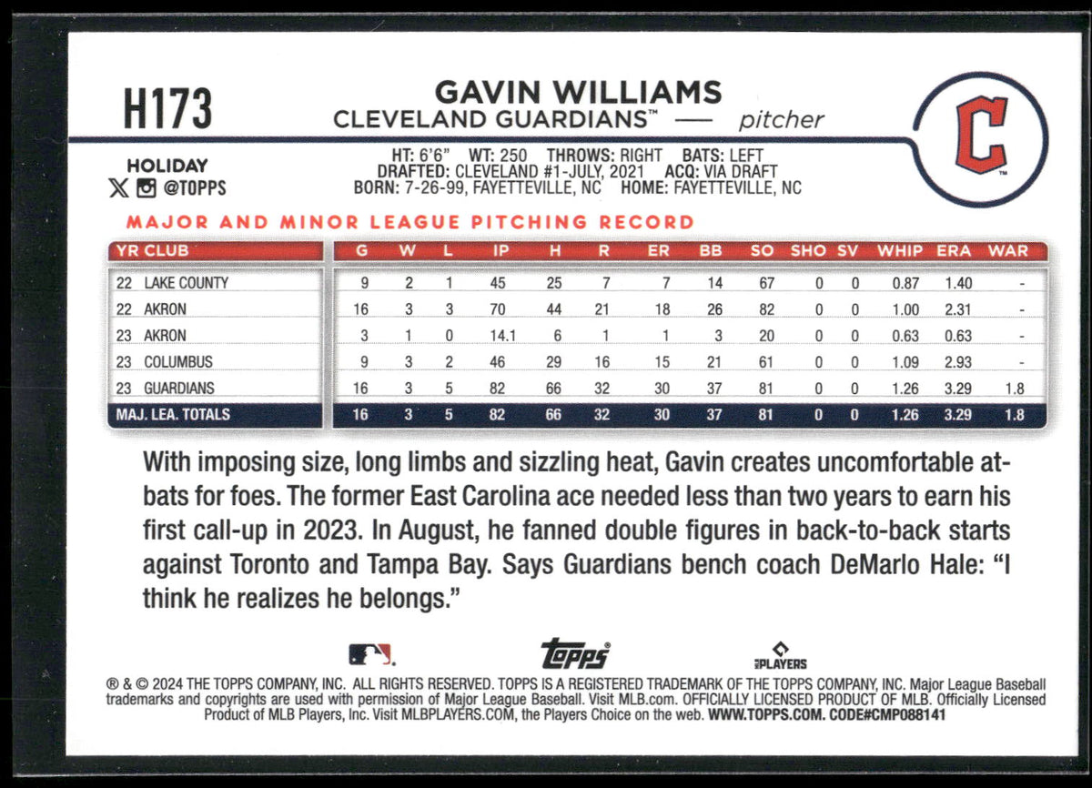2024 Topps Holiday #H173 Gavin Williams