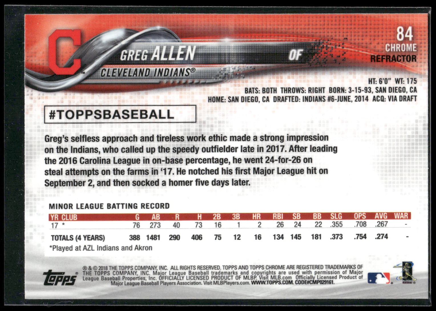 2018 Topps Chrome #84 Greg Allen Refractor