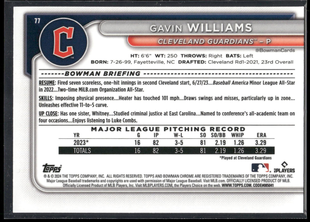 2024 Bowman Chrome #77 Gavin Williams