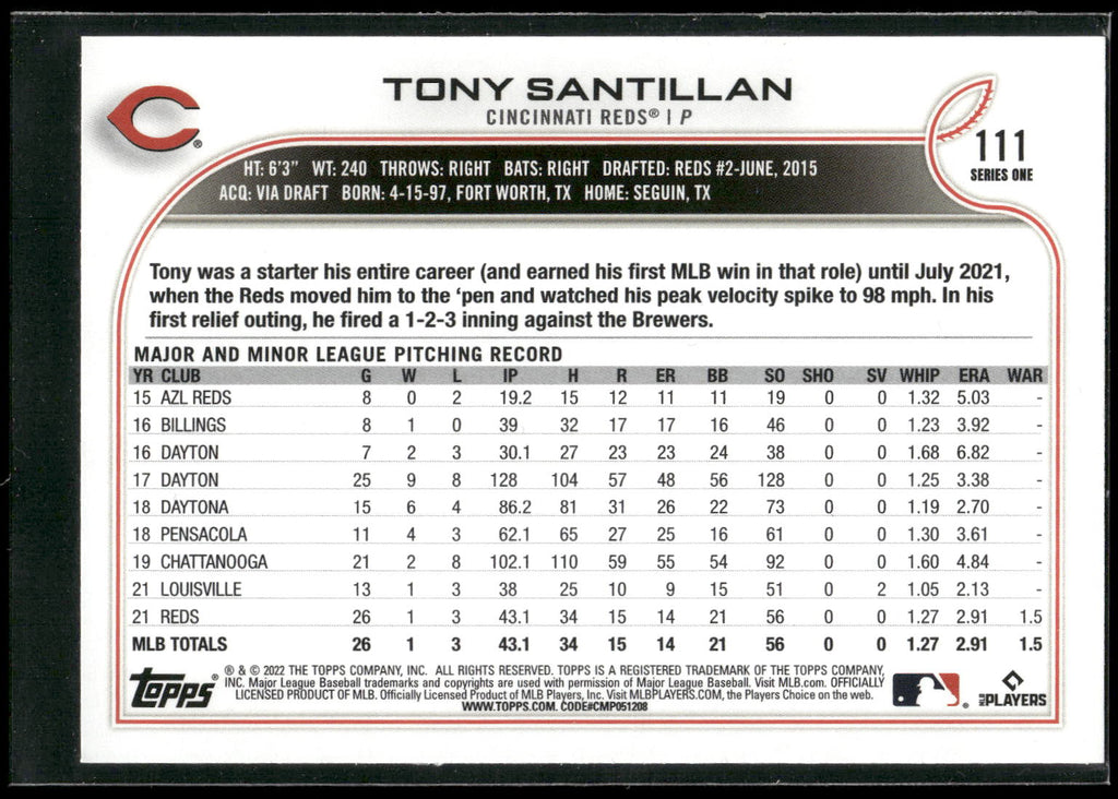 2022 Topps 1st Edition #111 Tony Santillan