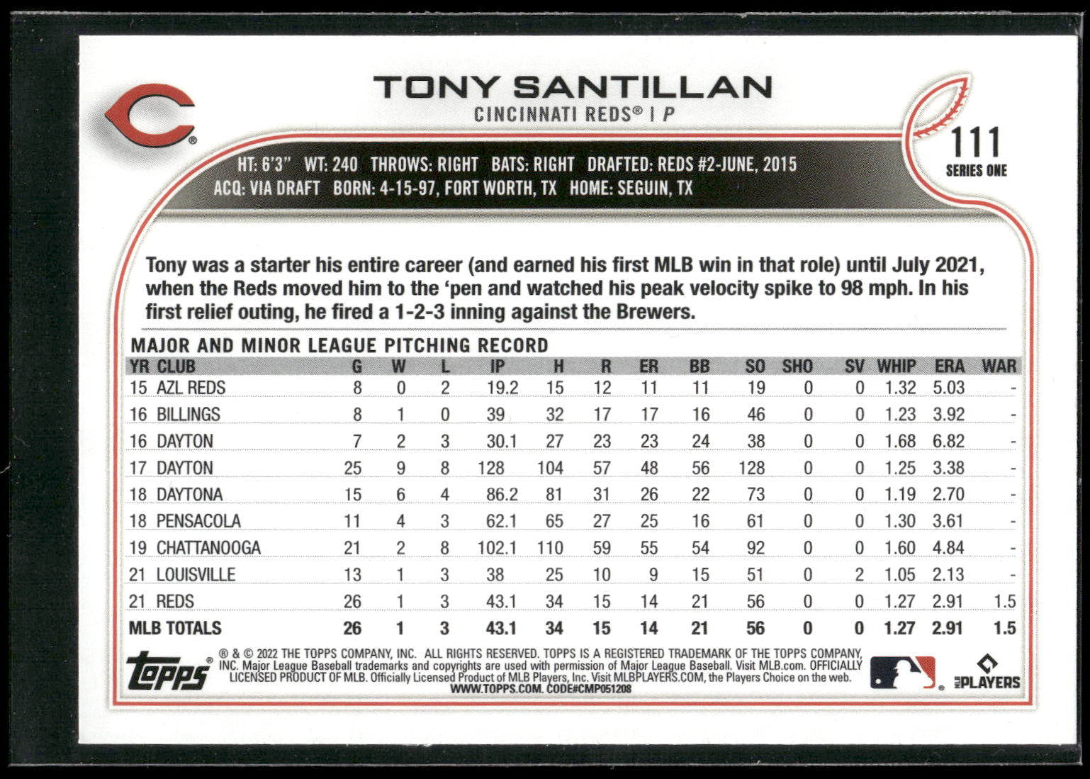 2022 Topps 1st Edition #111 Tony Santillan