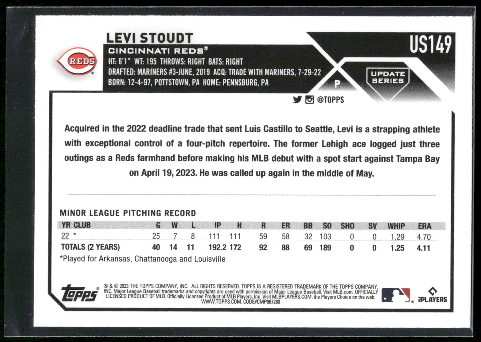 2023 Topps Update #US149 Levi Stoudt