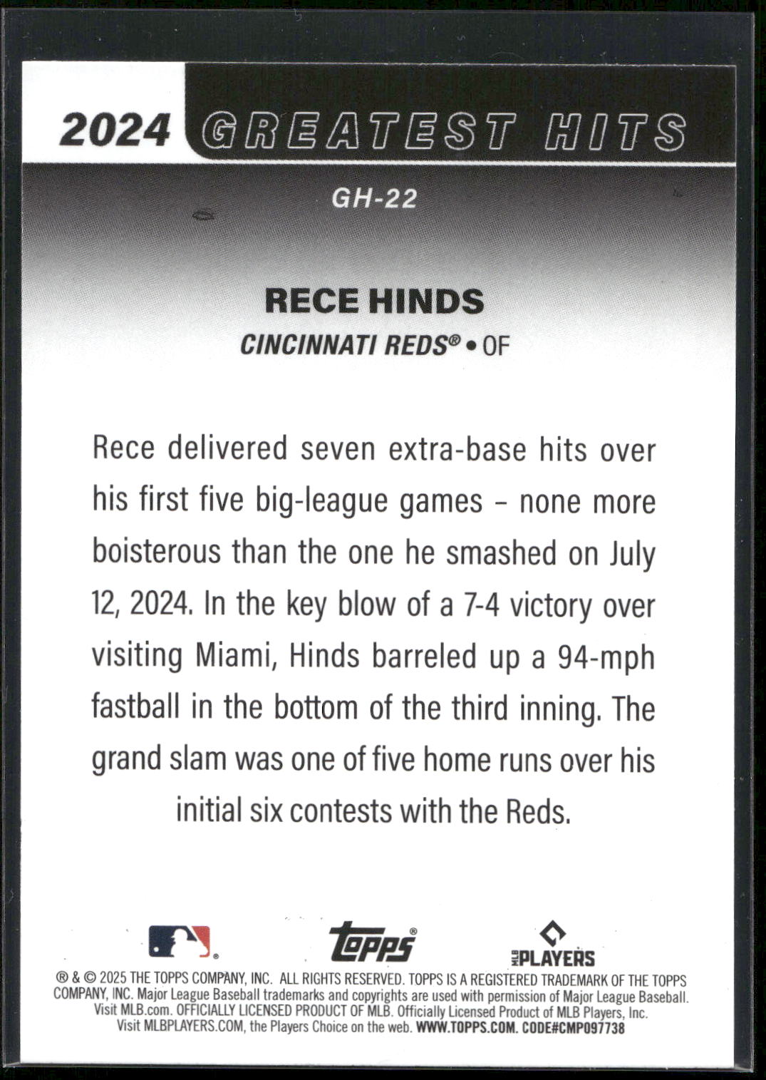 2025 Topps #GH-22 Rece Hinds 2024 Greatest Hits