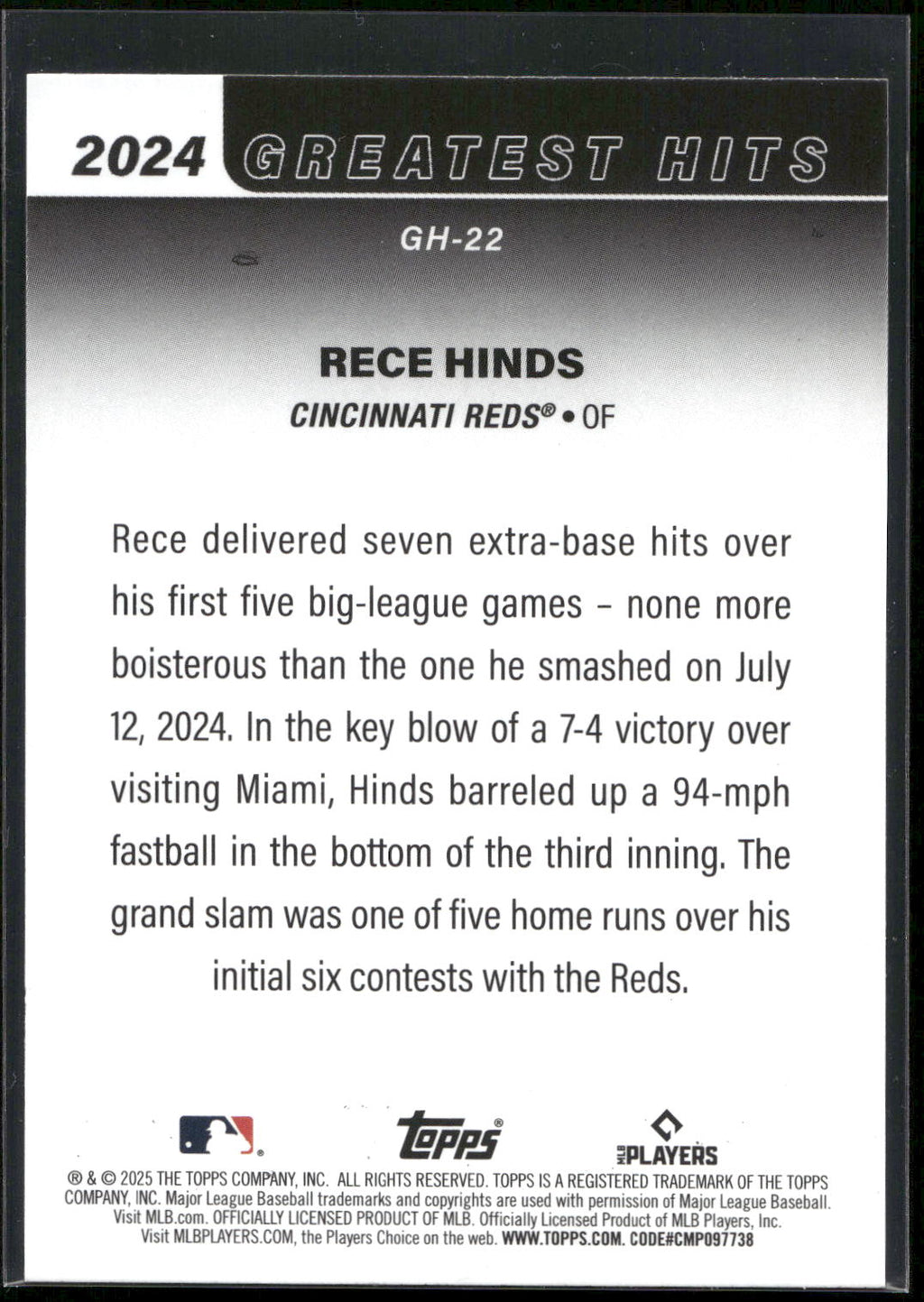 2025 Topps #GH-22 Rece Hinds 2024 Greatest Hits