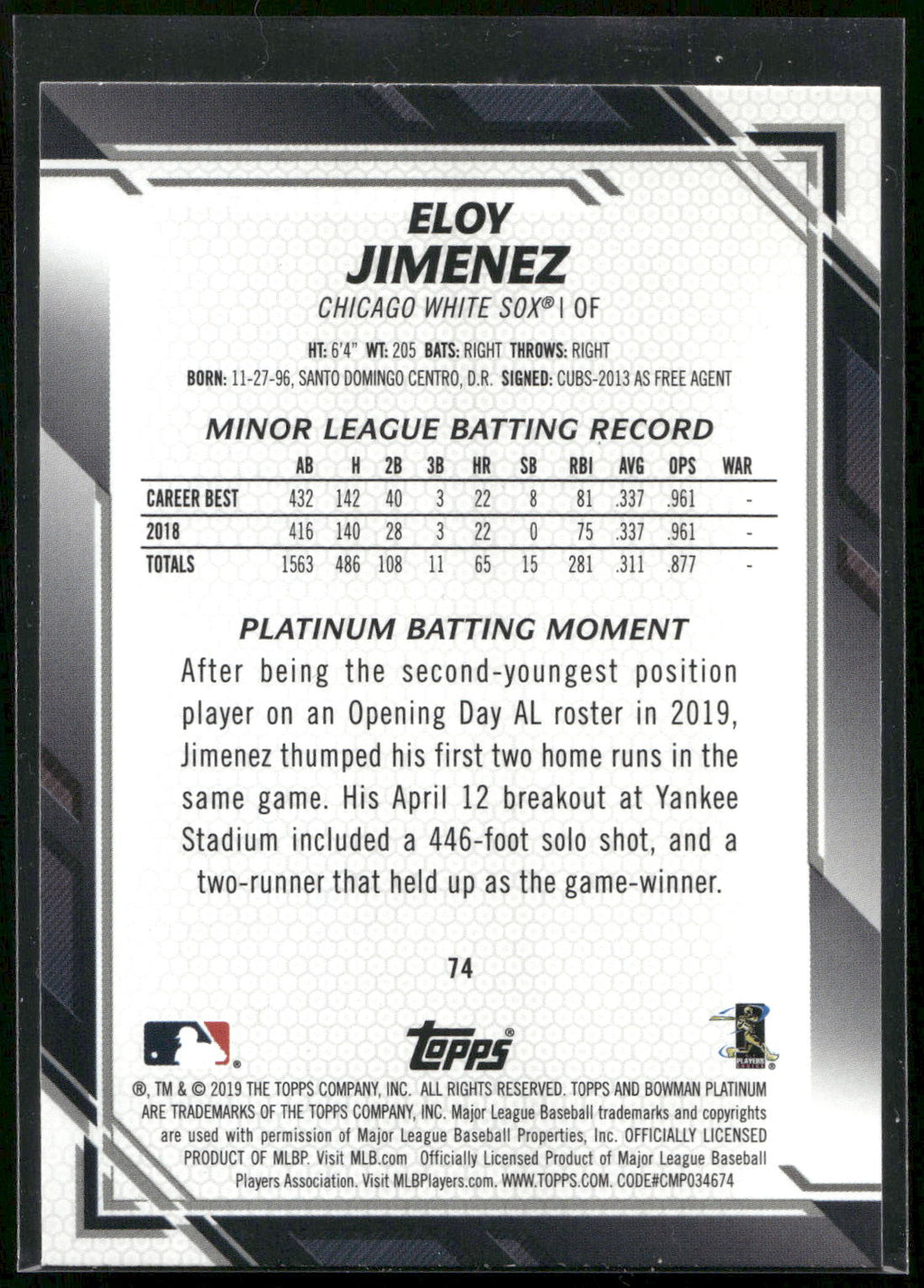 2019 Topps Big League #74 Eloy Jimenez : Rookie Variation