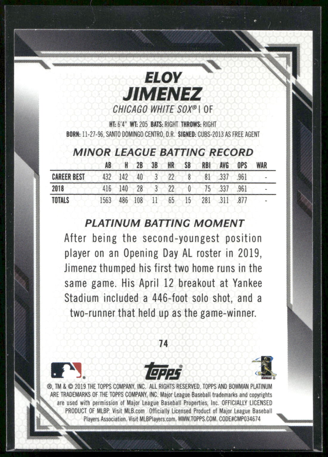 2019 Topps Big League #74 Eloy Jimenez : Rookie Variation