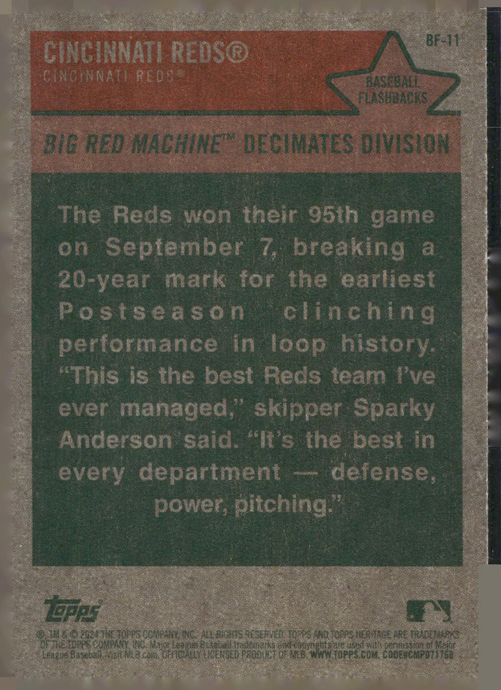 2024 Topps Heritage #BF-11 Cincinnati Reds Baseball Flashbacks