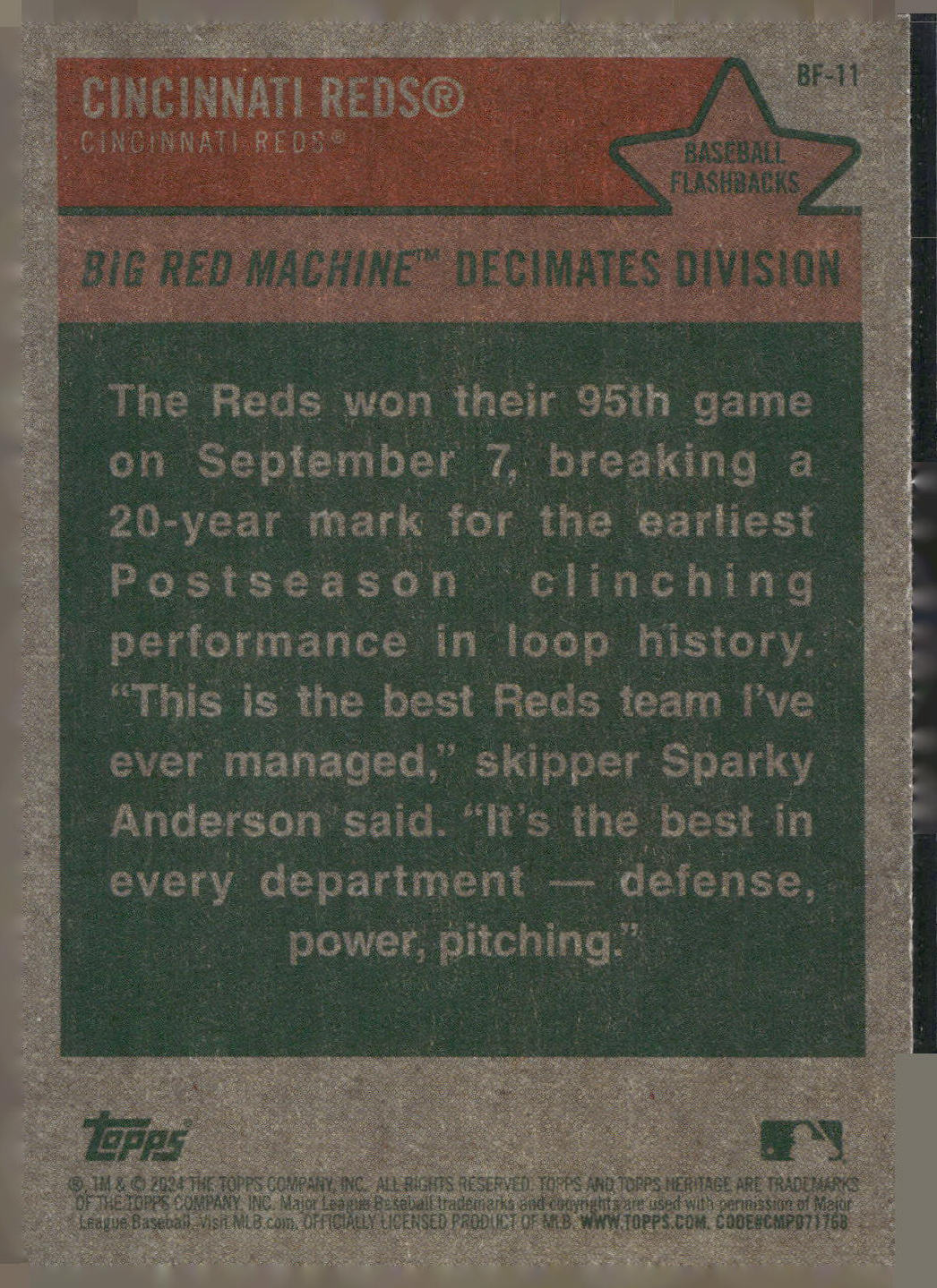 2024 Topps Heritage #BF-11 Cincinnati Reds Baseball Flashbacks