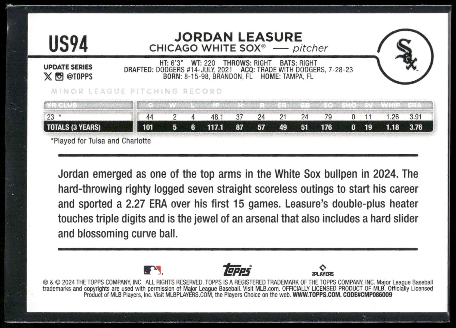 2024 Topps Update #US94 Jordan Leasure Yellow