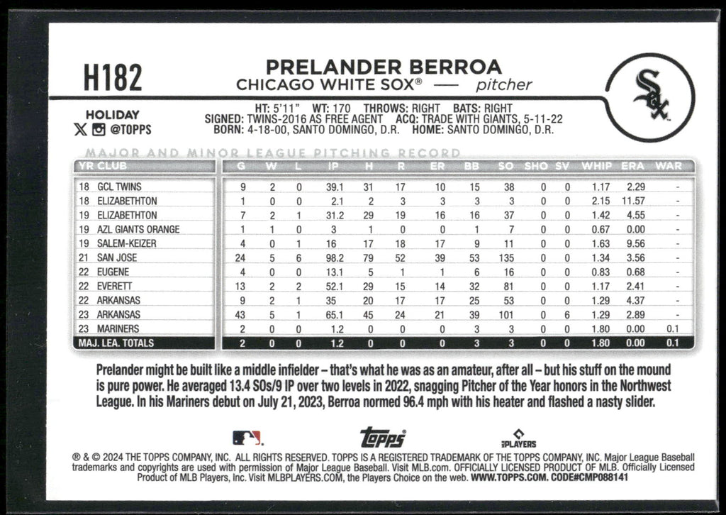 2024 Topps Holiday #H182 Prelander Berroa