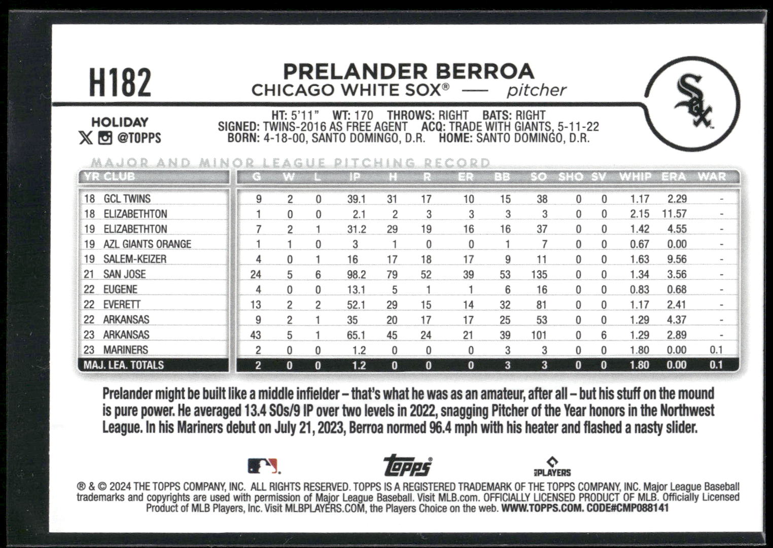 2024 Topps Holiday #H182 Prelander Berroa