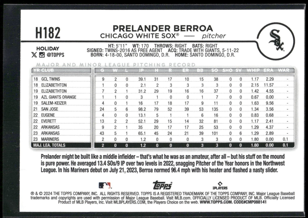2024 Topps Holiday #H182 Prelander Berroa