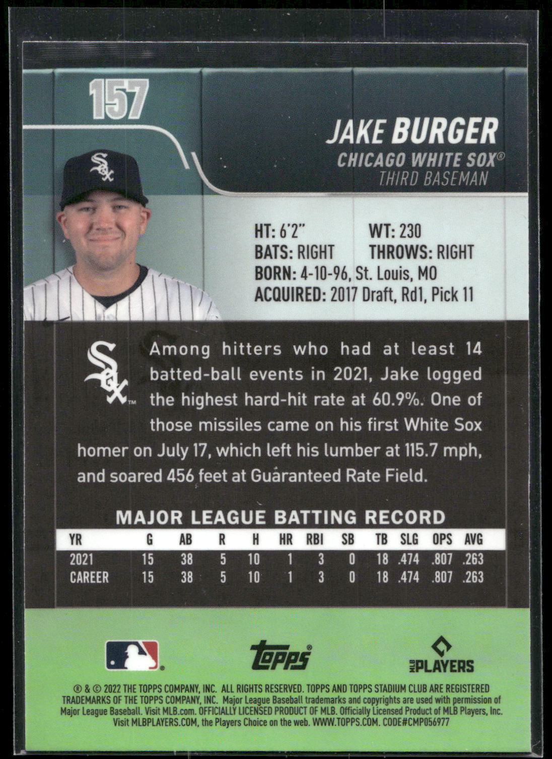 2022 Stadium Club Chrome #157 Jake Burger
