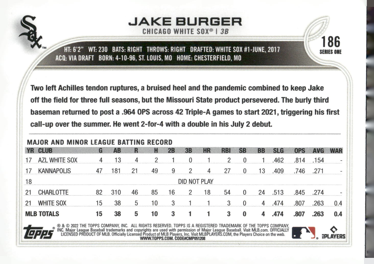 2022 Topps #186b Jake Burger