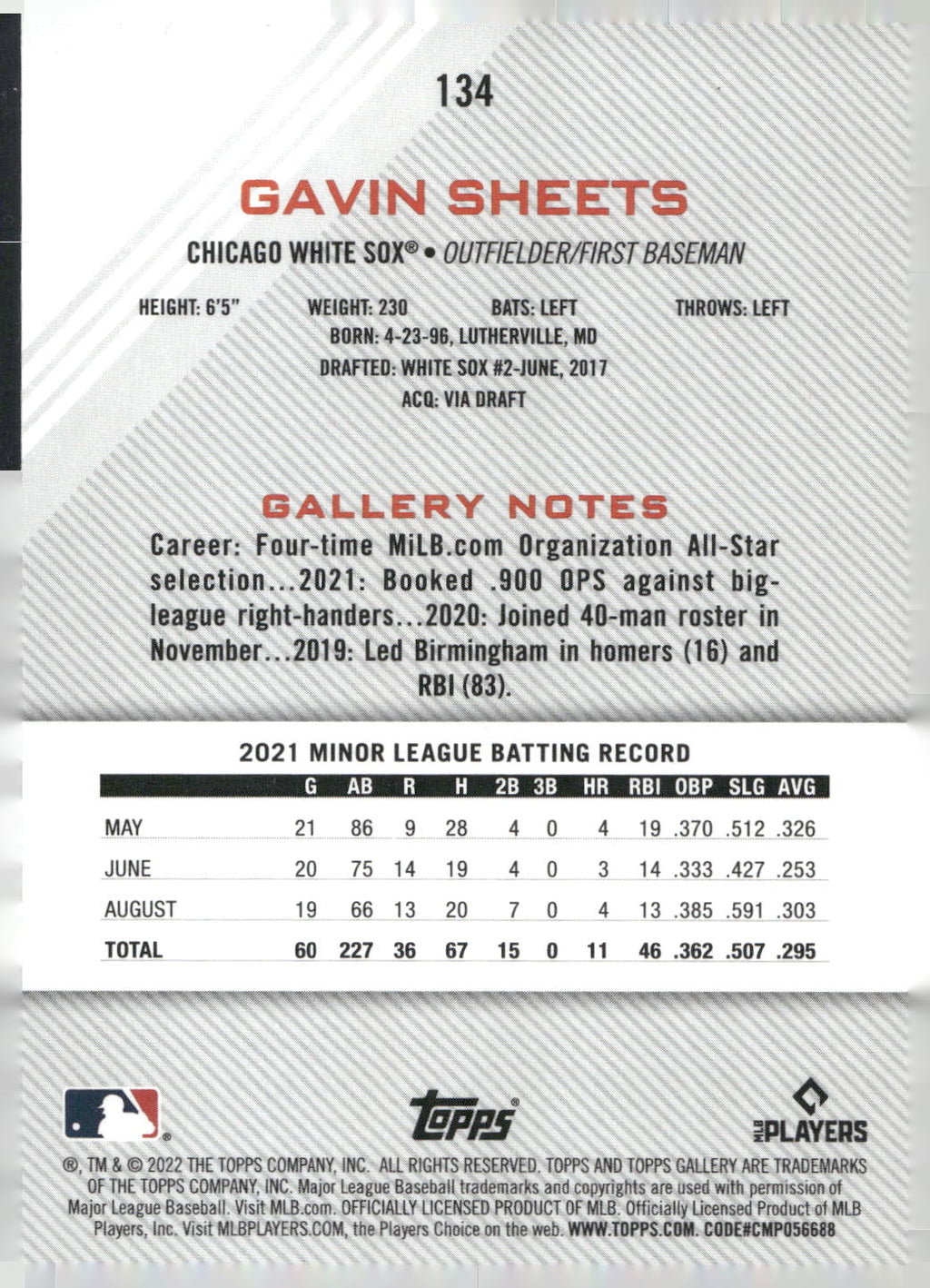 2022 Topps Gallery #134 Gavin Sheets