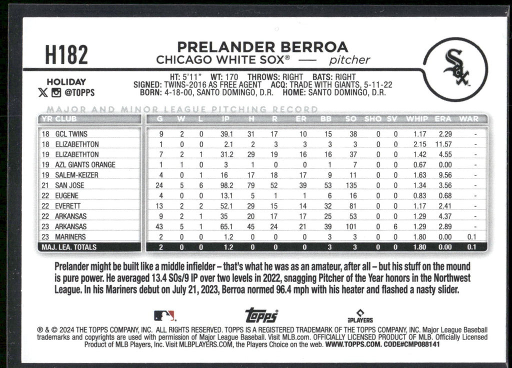 2024 Topps Holiday #H182 Prelander Berroa