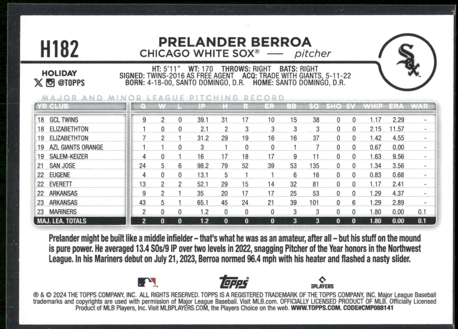 2024 Topps Holiday #H182 Prelander Berroa