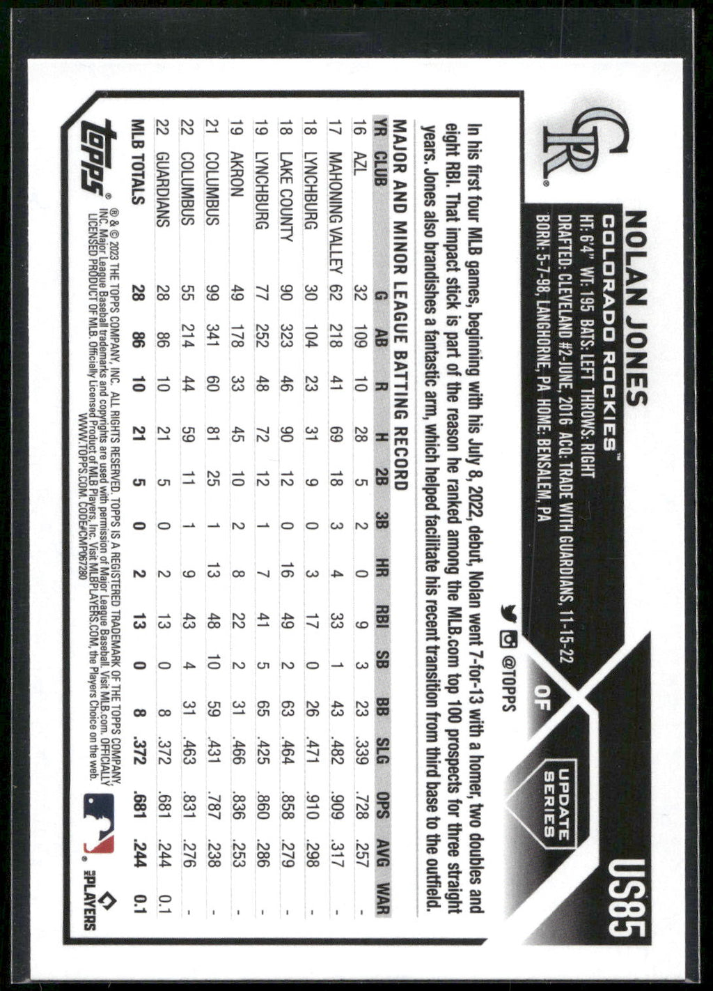 2023 Topps Update #US85 Nolan Jones