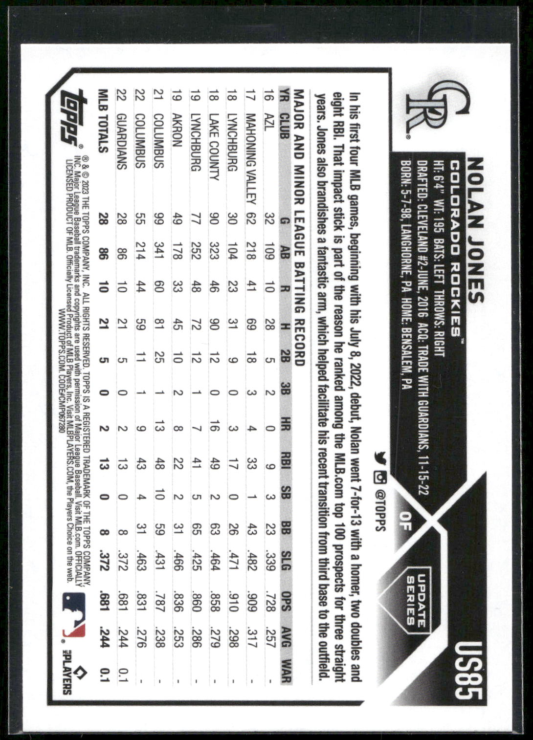 2023 Topps Update #US85 Nolan Jones